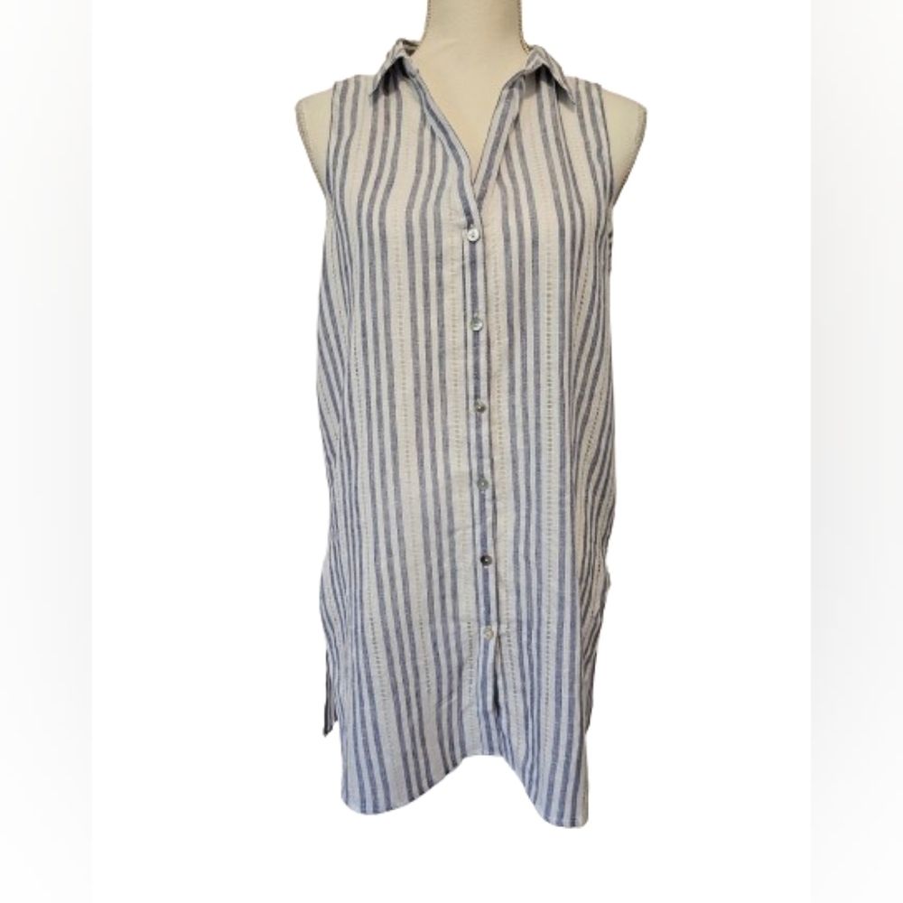 Cynthia Rowley Linen Blend Blue and White Striped Sleeveless Top/Dress Size S